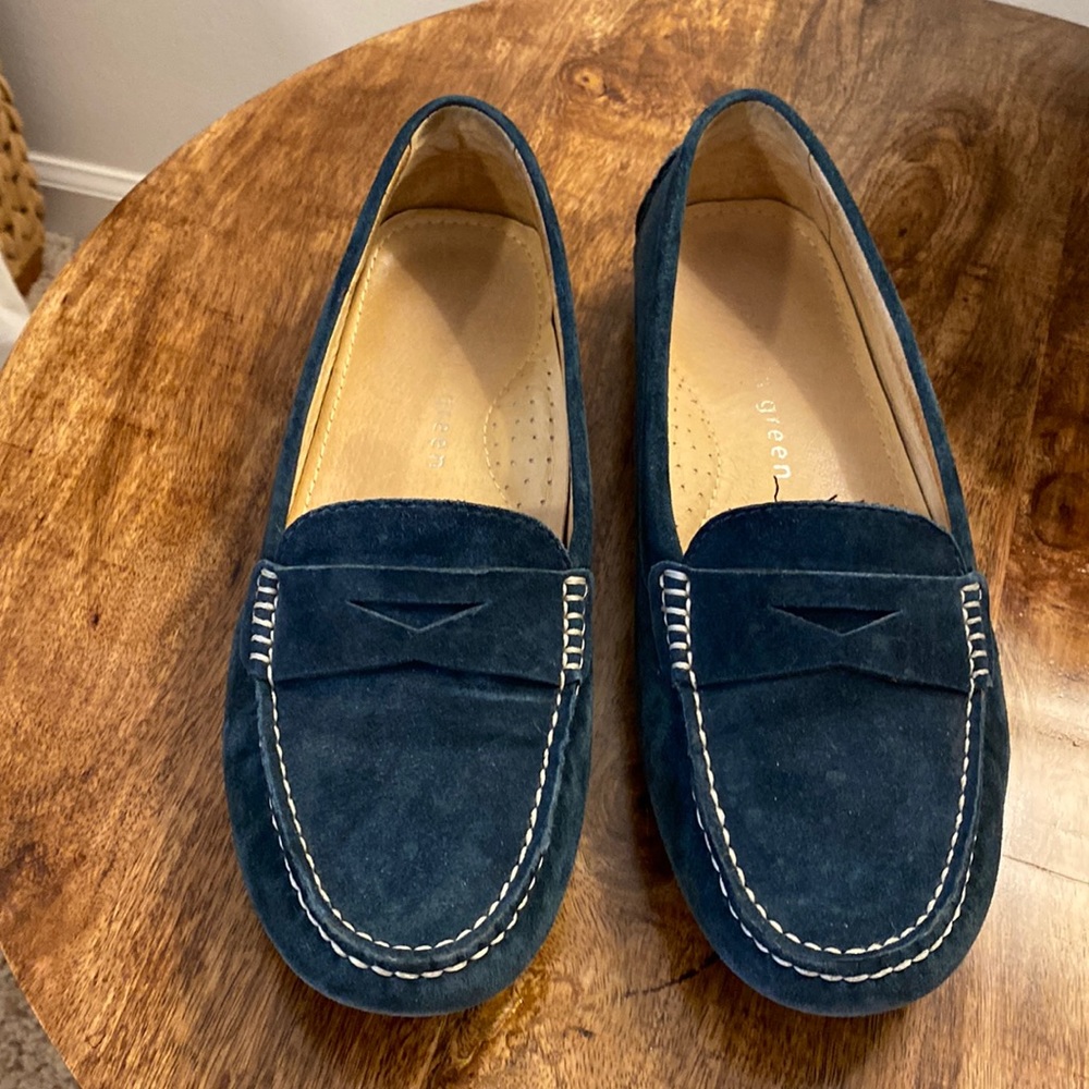 Teal Suede Driving Moccasins, Size 39